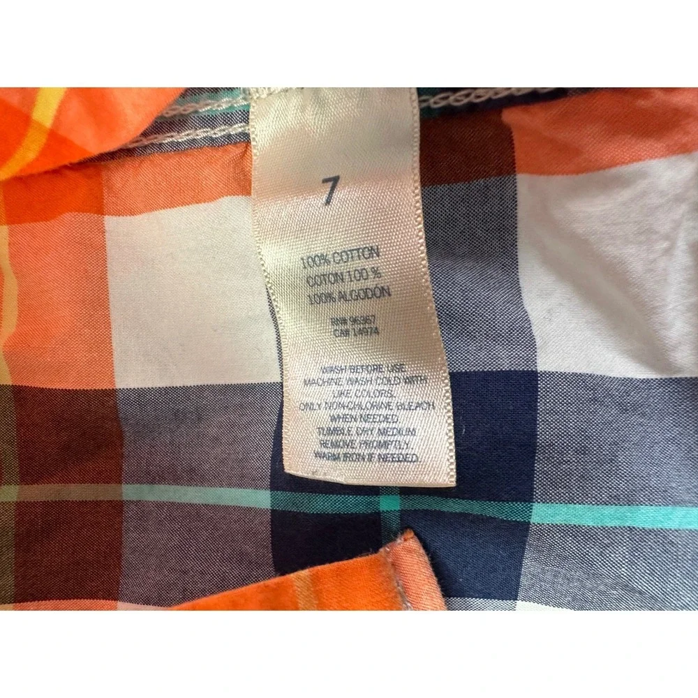 OshKosh Bgosh Boys Orange‎ Navy Blue Plaid Button Down Shirt Size 7 Long Sleeve